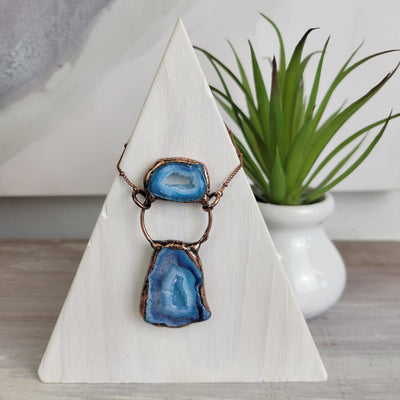 Agate Geode Pendant Necklace Double Stone with Antique Bronze Chain