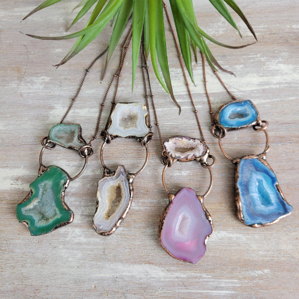 Agate Geode Pendant Necklace Double Stone with Antique Bronze Chain
