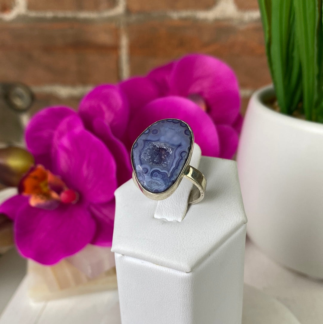 Agate Purple Ring with sterling silver Adjustable Band 1"