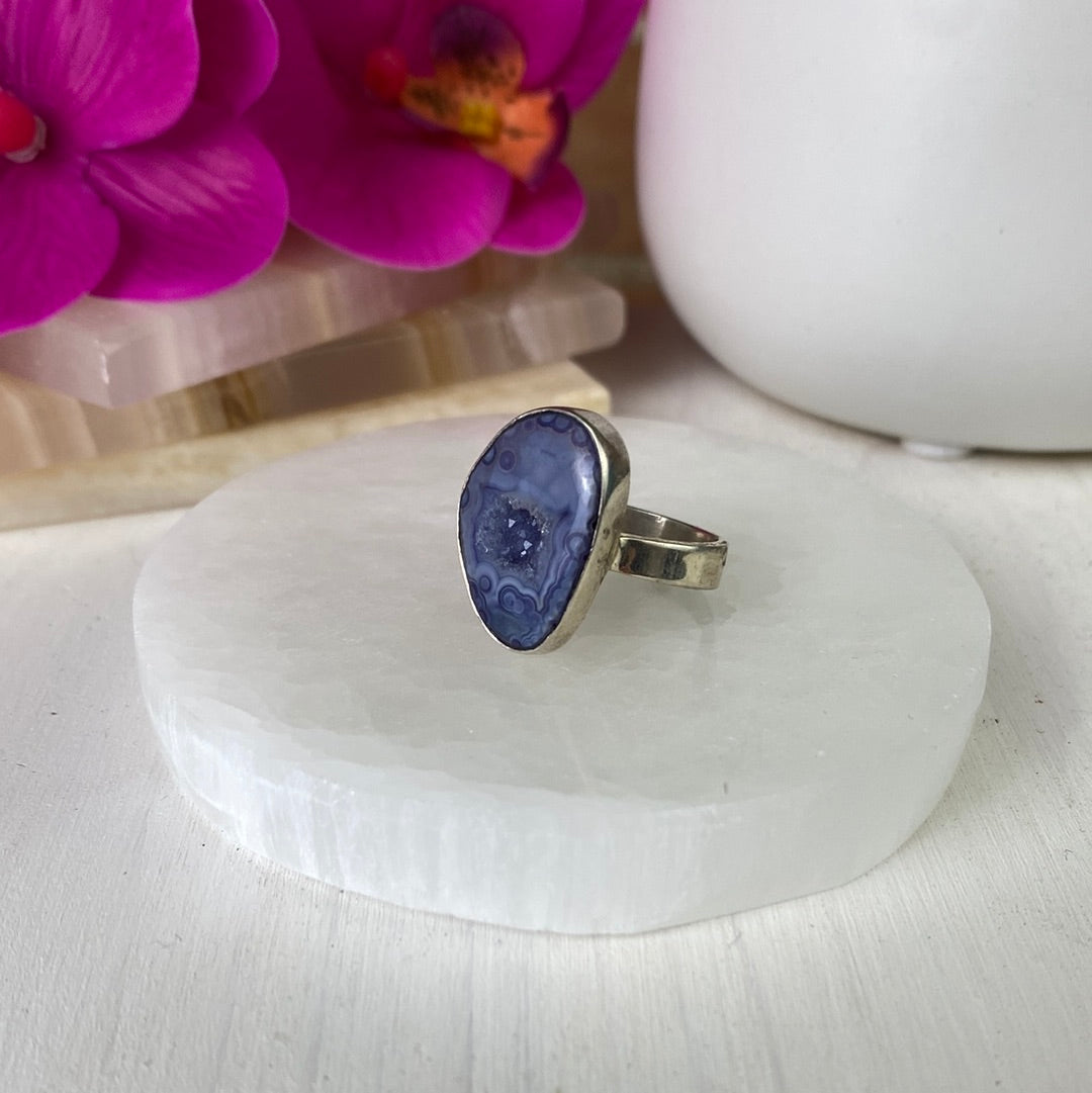 Agate Purple Ring with sterling silver Adjustable Band 1"