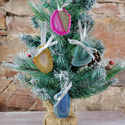 Agate Slice Ornament 3.5" with Ribbon - Pink Blue, Purple, Natural, Teal