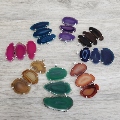 Agate Triple Slice Pendant - Natural, Green, Pink, Blue, Purple, Teal