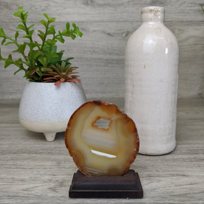 Agate slab on wood base 3"
