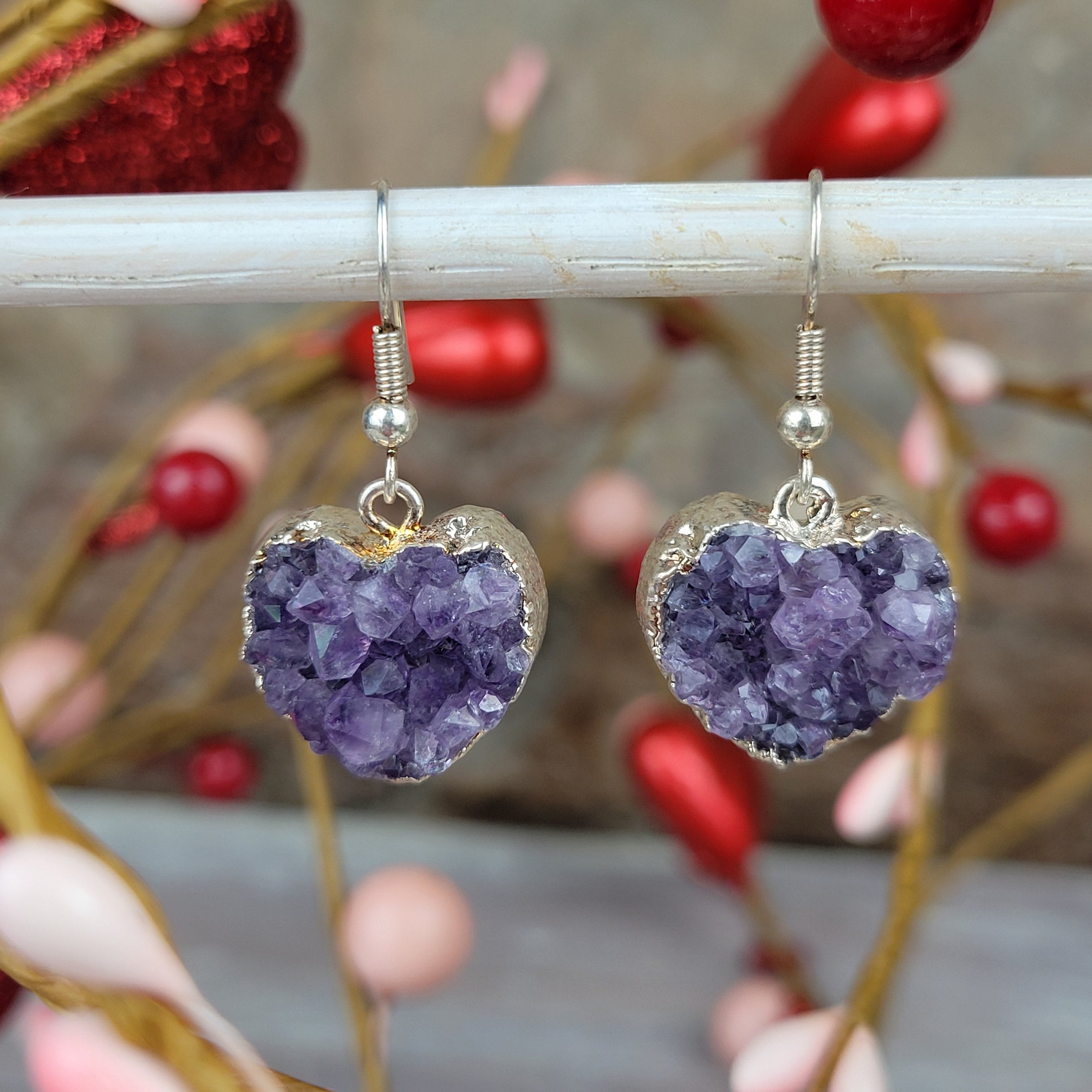 Amethyst Cluster Heart Earrings - silver Plated