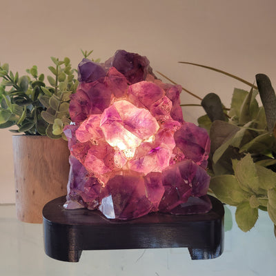 Amethyst Cluster Lamp on Wood Base 5-8” tall come with bulb and cord