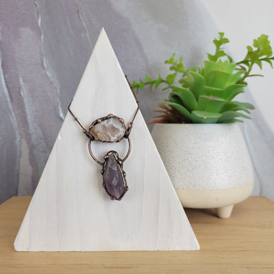 Amethyst Double Stone Bohemian Style Necklace (Agate, Citrine, Amazonite, Labradorite, Lava Stone accents)