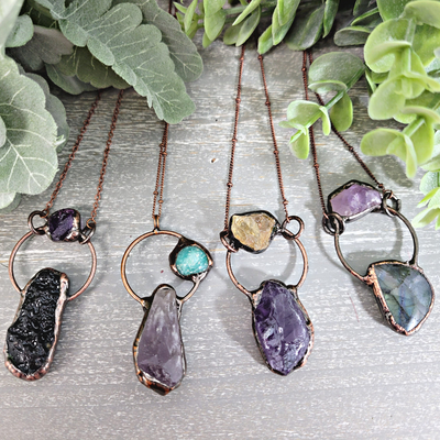 Amethyst Double Stone Bohemian Style Necklace (Agate, Citrine, Amazonite, Labradorite, Lava Stone accents)