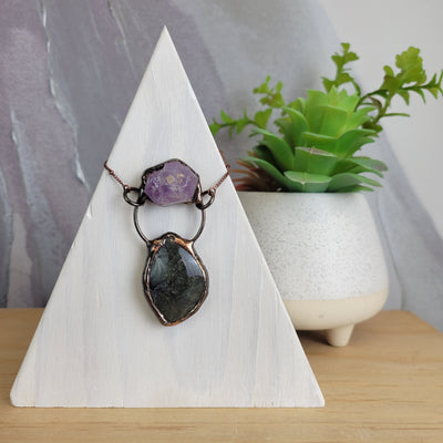 Amethyst Double Stone Bohemian Style Necklace (Agate, Citrine, Amazonite, Labradorite, Lava Stone accents)