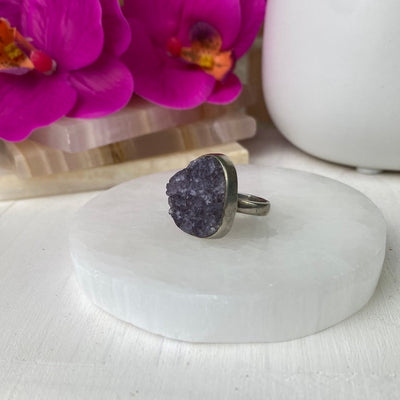 Amethyst Druzy Crystal Gemstone Ring (Round) with Adjustable sterling silver Band