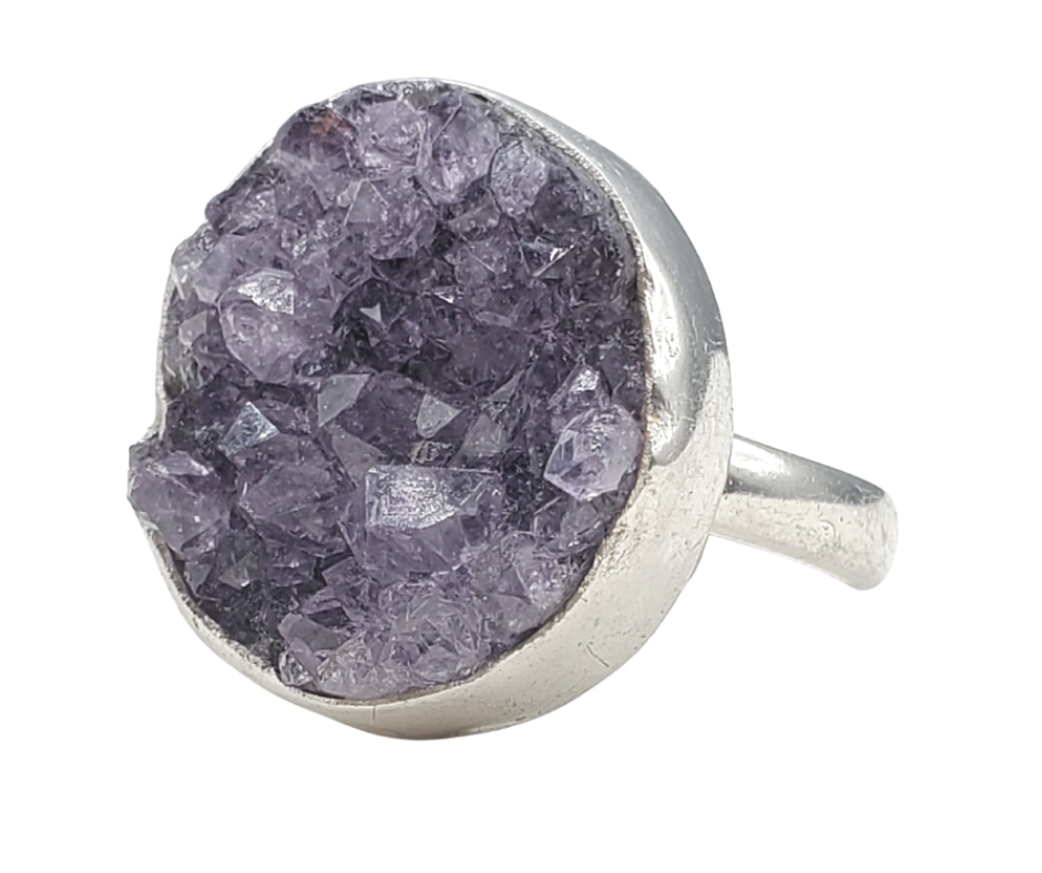 Amethyst Druzy Crystal Gemstone Ring (Round) with Adjustable sterling silver Band