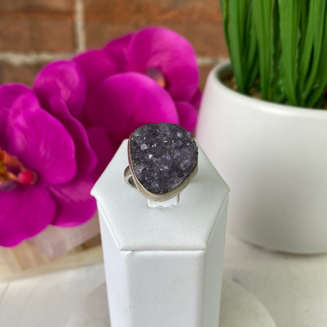 Amethyst Druzy Crystal Gemstone Ring (Round) with Adjustable sterling silver Band