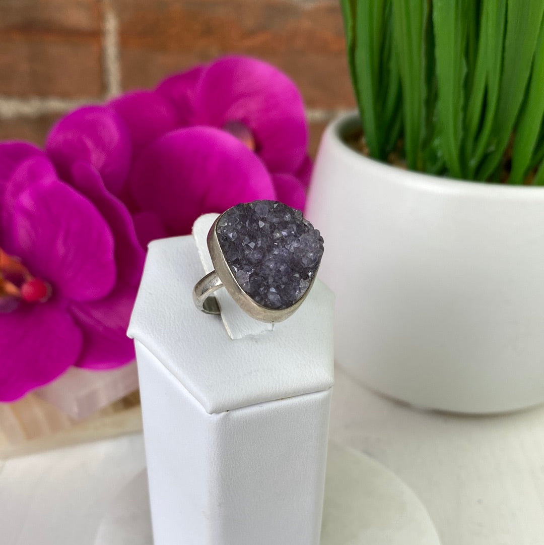 Amethyst Druzy Crystal Gemstone Ring (Round) with Adjustable sterling silver Band