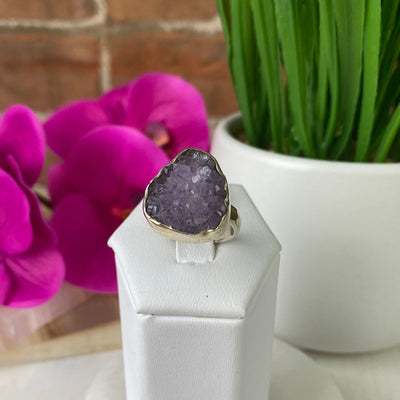 Amethyst Druzy Crystal Gemstone Ring (Round) with Adjustable sterling silver Band