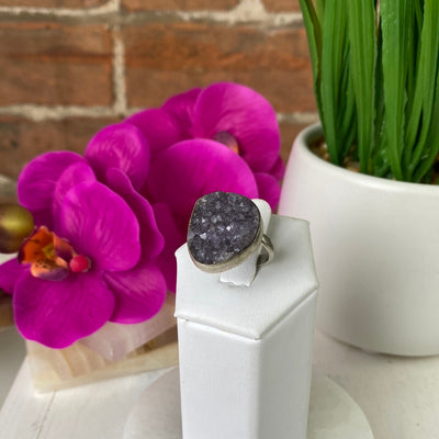 Amethyst Druzy Crystal Gemstone Ring (Round) with Adjustable sterling silver Band
