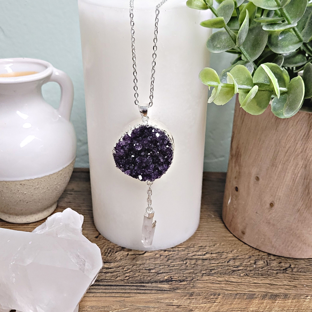 Amethyst Druzy w/ Crystal Quartz Dangle Pendant