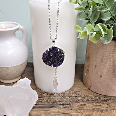 Amethyst Druzy w/ Crystal Quartz Dangle Pendant