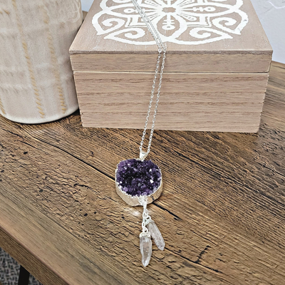 Amethyst Druzy w/ Crystal Quartz Dangle Pendant
