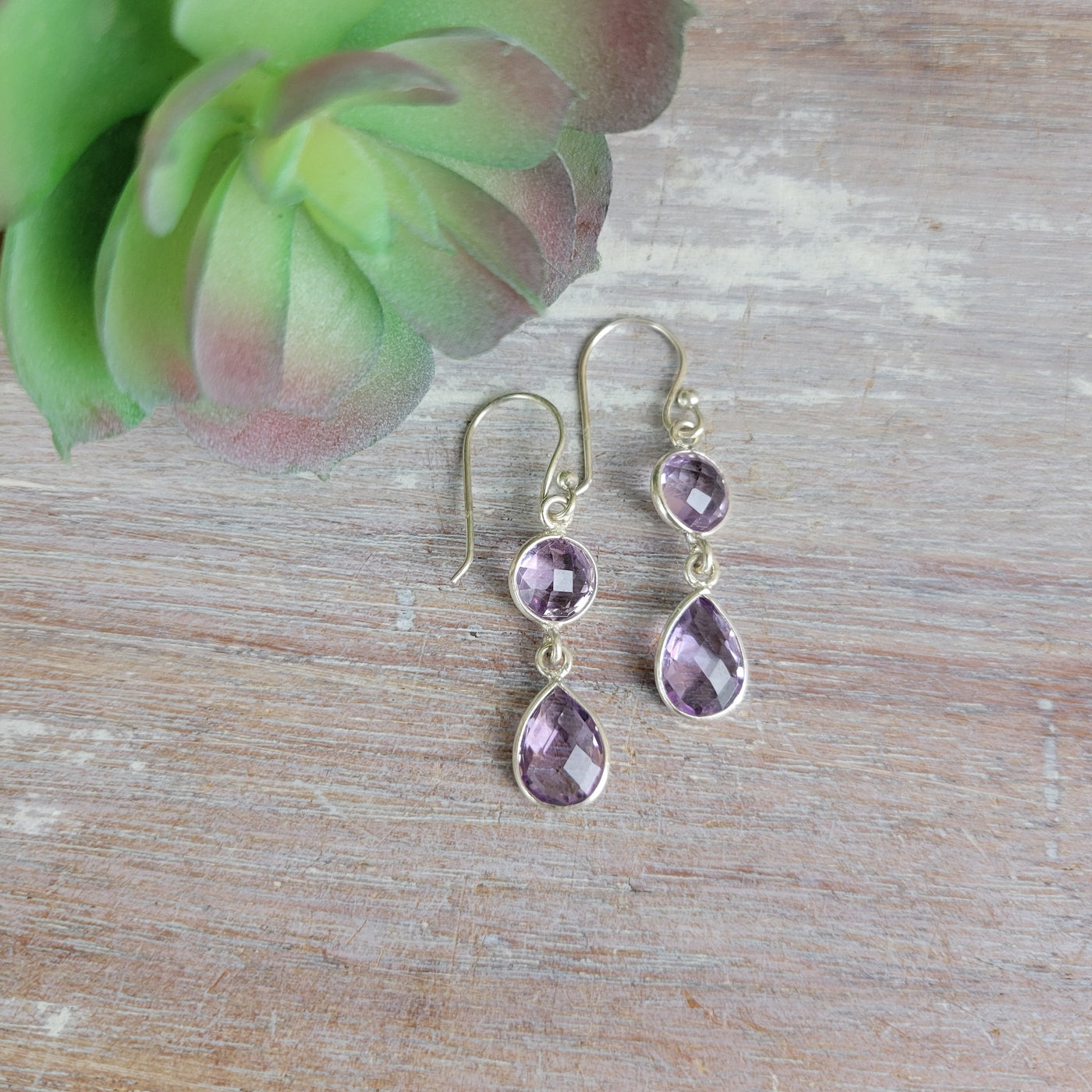 Amethyst Faceted Bezel Set Double Drop sterling silver Earrings (Circle and Teardrop) 2"