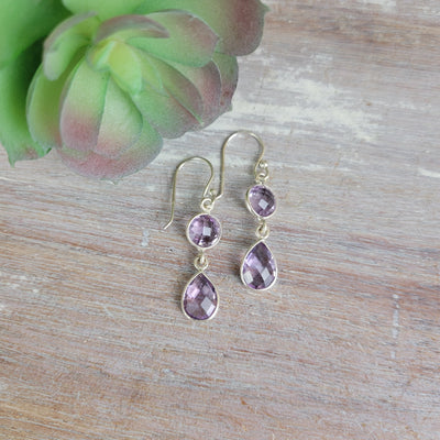 Amethyst Faceted Bezel Set Double Drop sterling silver Earrings (Circle and Teardrop) 2"