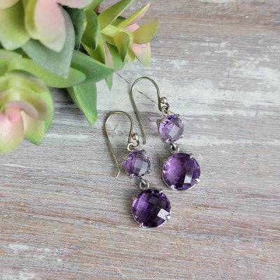 Amethyst Faceted Prong Double Drop Earrings with sterling silver