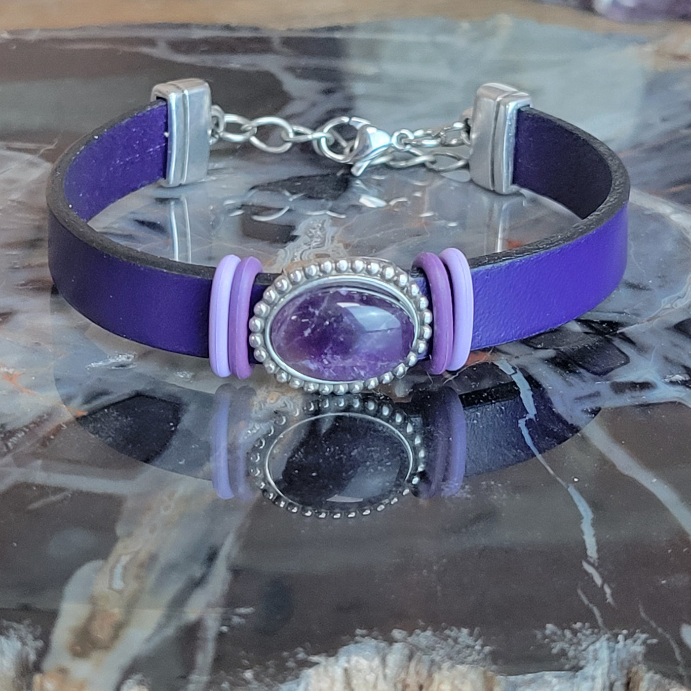 Amethyst Gemstone Leather Bracelet - Artisan Made