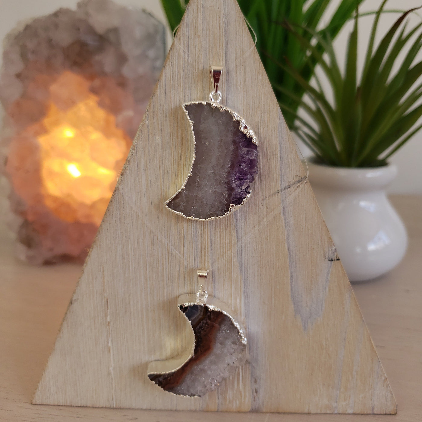Amethyst Geode Slice Moon Pendant silver Plated