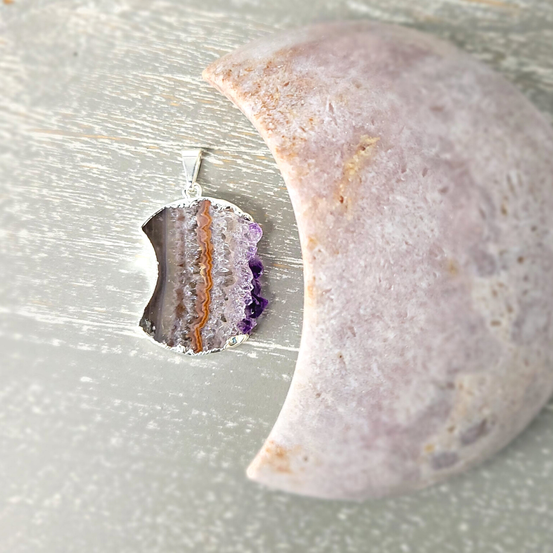 Amethyst Geode Slice Moon Pendant silver Plated