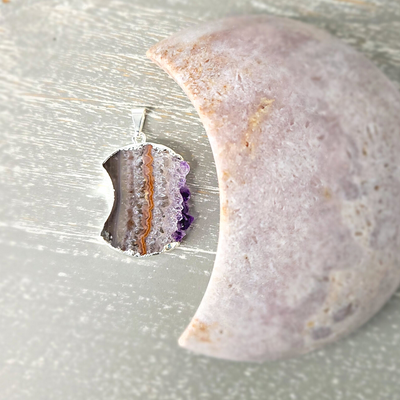 Amethyst Geode Slice Moon Pendant Silver Plated