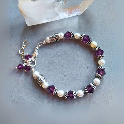 "Amethyst-Love and Protection" Crystal and Pearl Bracelet- Artisan Made