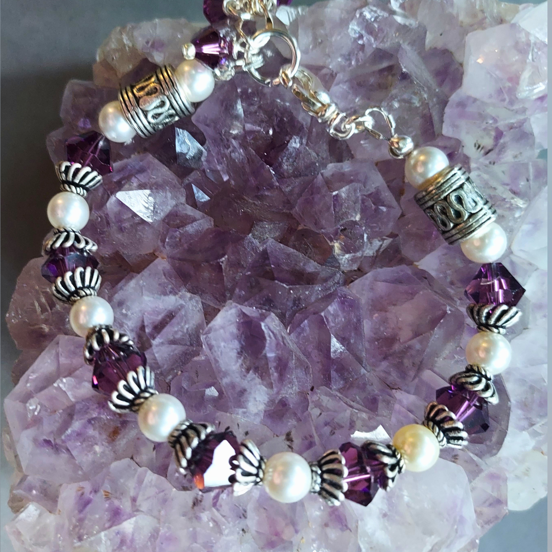 "Amethyst-Love and Protection" Crystal and Pearl Bracelet- Artisan Made