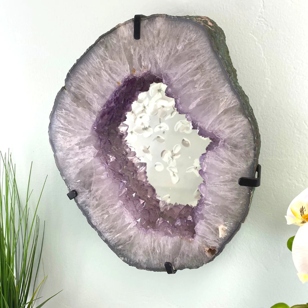 Amethyst Slice Mirror with Custom Iron Frame - 11.650kg 12.5"w x 15.5"h