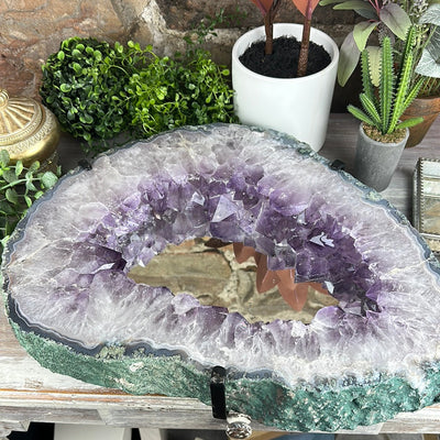 Amethyst Slice Mirror with Custom Iron Frame - 13.46kg 13.5"w x 18.25"h