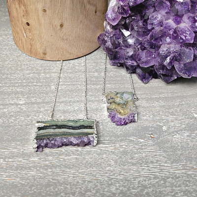 Amethyst Slice Necklace Pair silver Plated