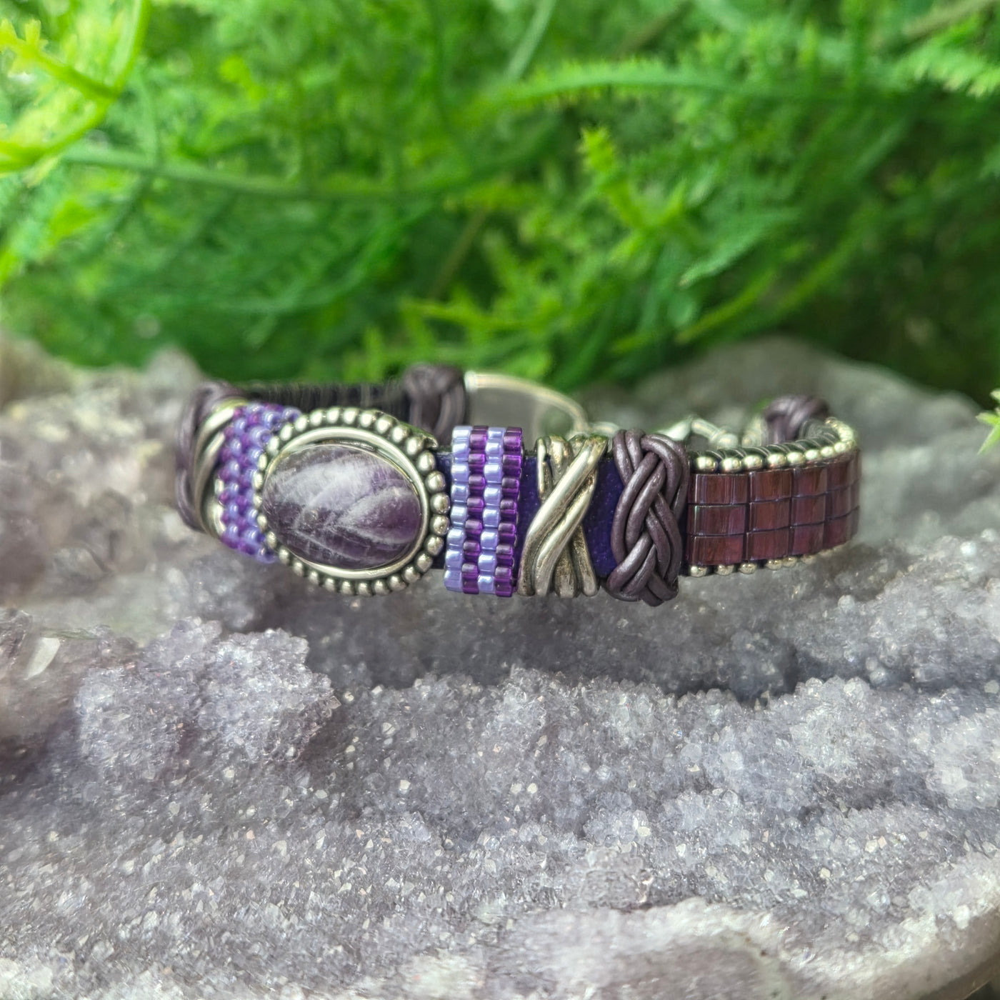 Amethyst South Western Themed Leather Bracelet - Artisan Made