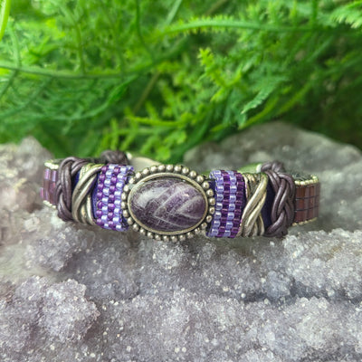 Amethyst South Western Themed Leather Bracelet - Artisan Made