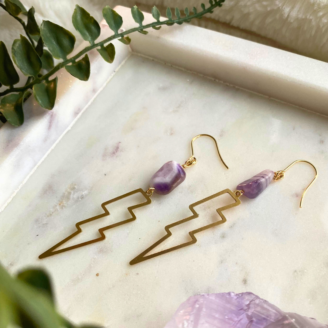 Amethyst and Brass Lightning Bolt Earrings - Artisan Made