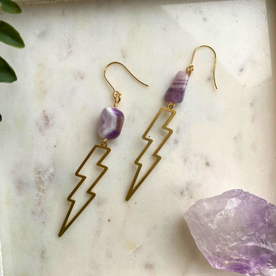 Amethyst and Brass Lightning Bolt Earrings - Artisan Made