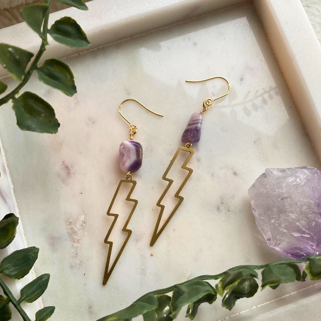 Amethyst and Brass Lightning Bolt Earrings - Artisan Made