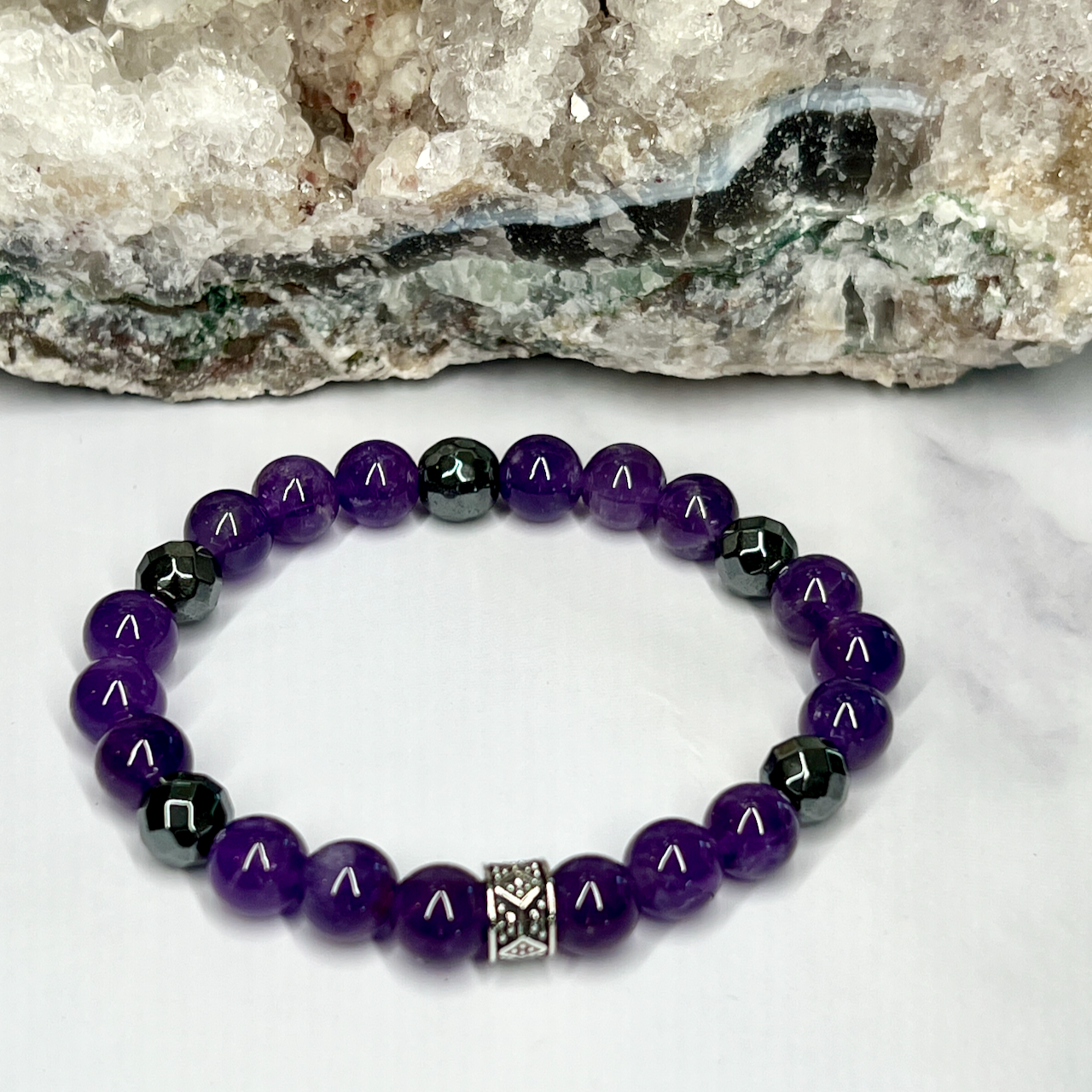 Amethyst and Hematite Stretch Bracelet - Artisan Made