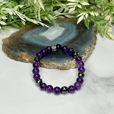 Amethyst and Hematite Stretch Bracelet - Artisan Made