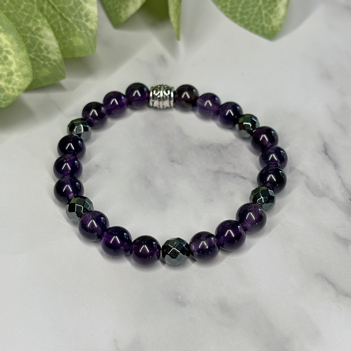 Amethyst and Hematite Stretch Bracelet - Artisan Made