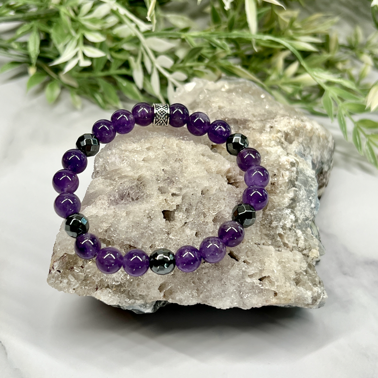 Amethyst and Hematite Stretch Bracelet - Artisan Made