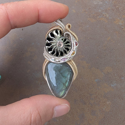 Ammonite and Labradorite Pendant - Artisan Made