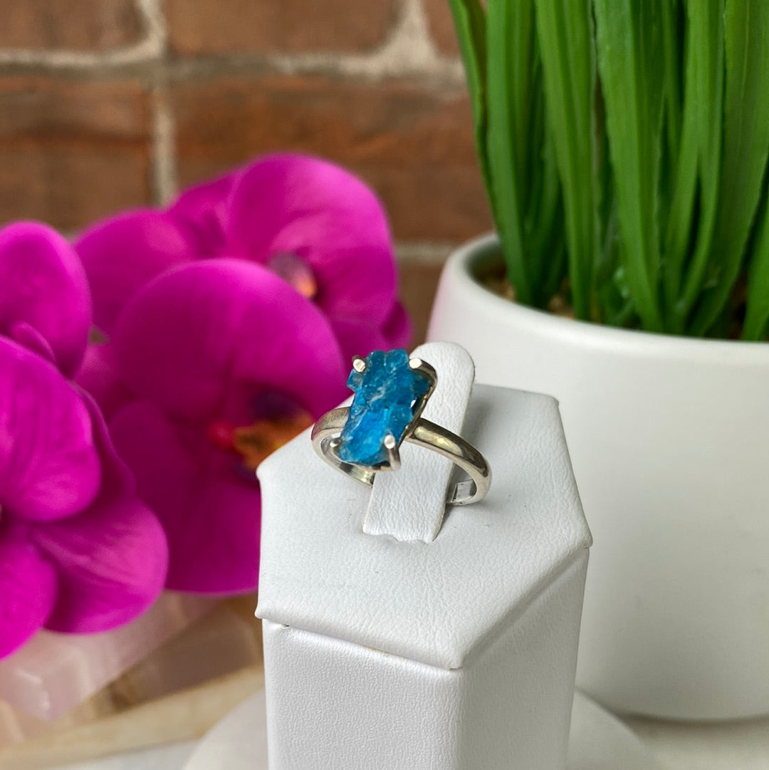 Apatite Natural Gemstone Ring with sterling silver prongs and band