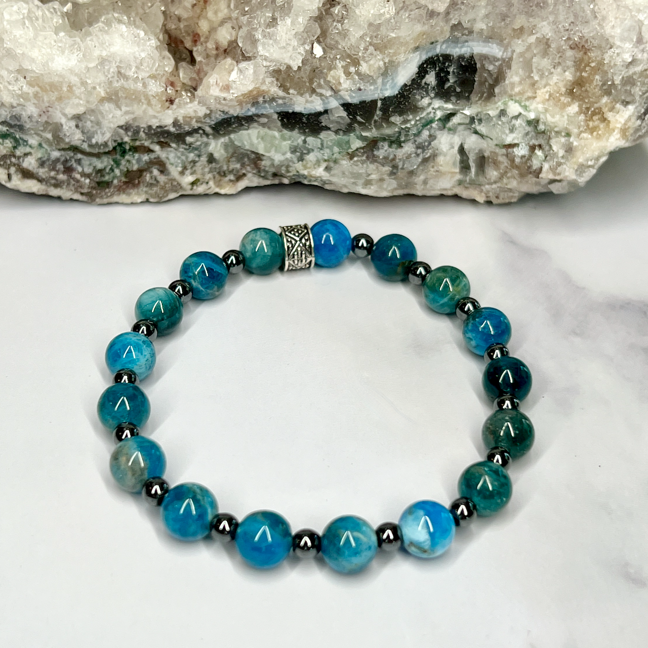 Apatite and Hematite Unisex Stretch Bracelet - Artisan Made