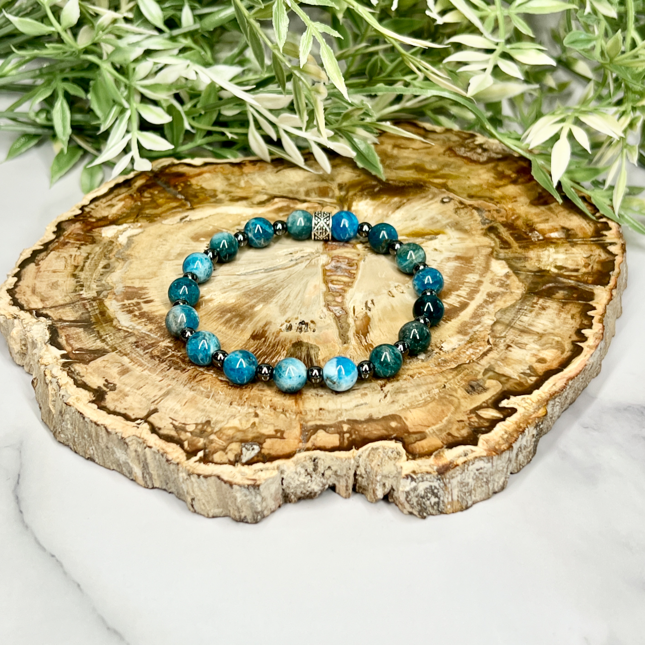 Apatite and Hematite Unisex Stretch Bracelet - Artisan Made