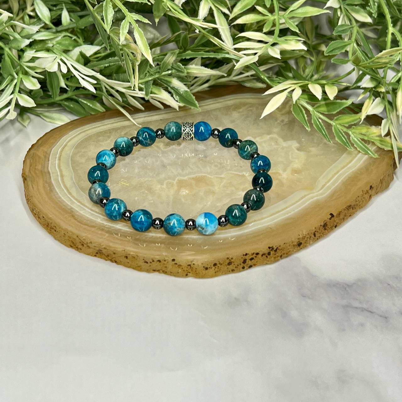 Apatite and Hematite men Stretch Bracelet - Artisan Made