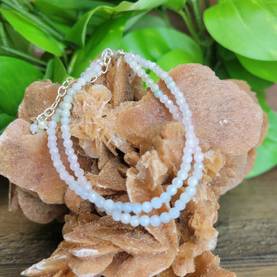 Aquamarine Beaded Double Strand Adjustable Bracelet or Anklet with sterling silver Clasp 7.75" to 9.5"