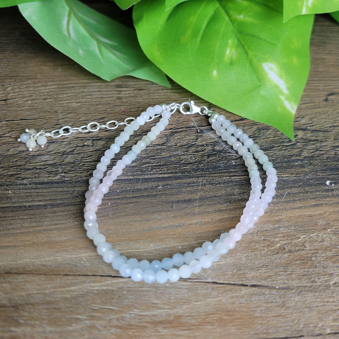 Aquamarine Beaded Double Strand Adjustable Bracelet or Anklet with sterling silver Clasp 7.75" to 9.5"