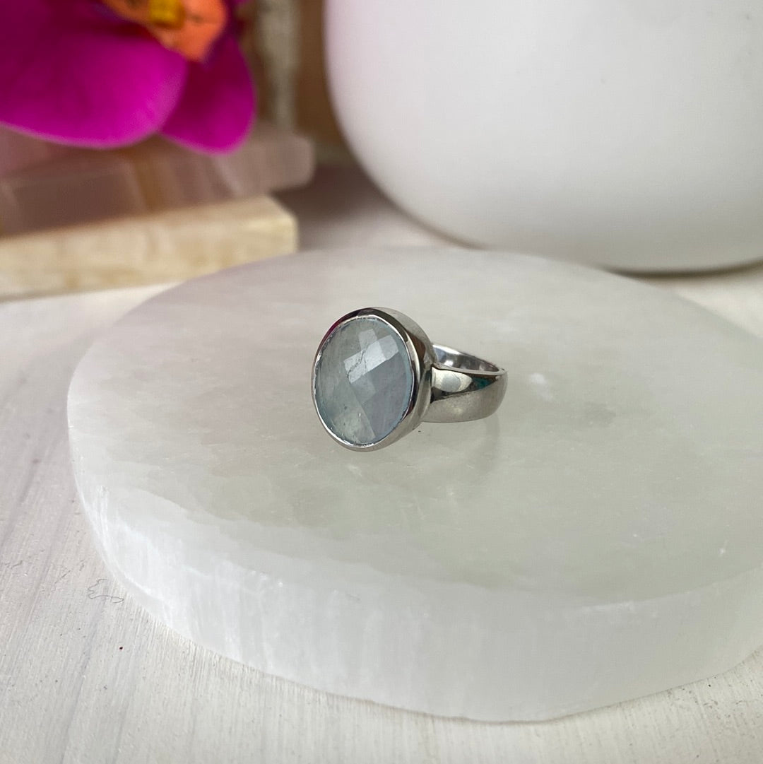 Aquamarine Bezel Gemstone Ring Oval Shape with Sterling Silver Bezel Set Sized Band